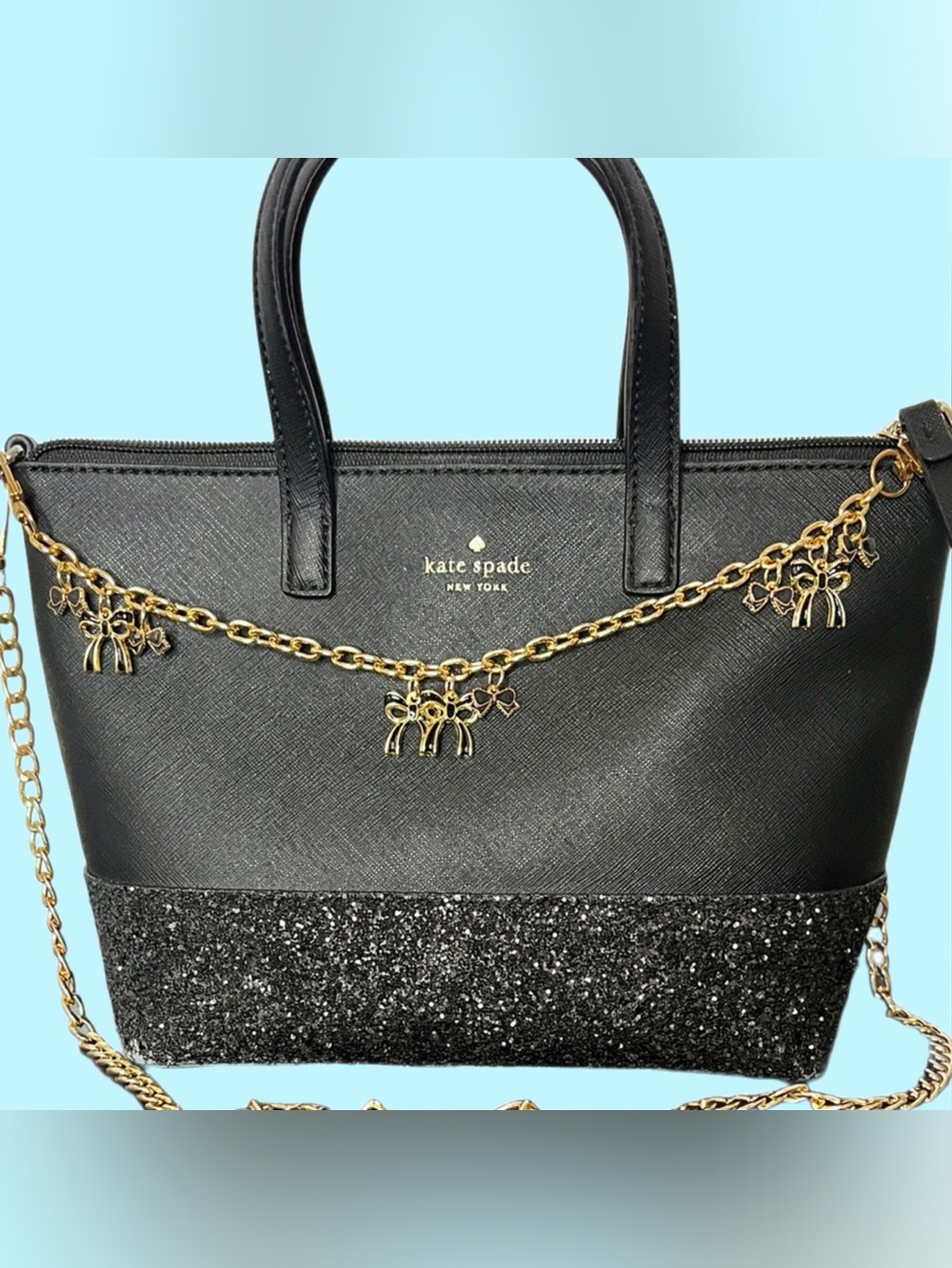 Kate Spade Black Glitter Saffiano Tote with Gold Chain Charm